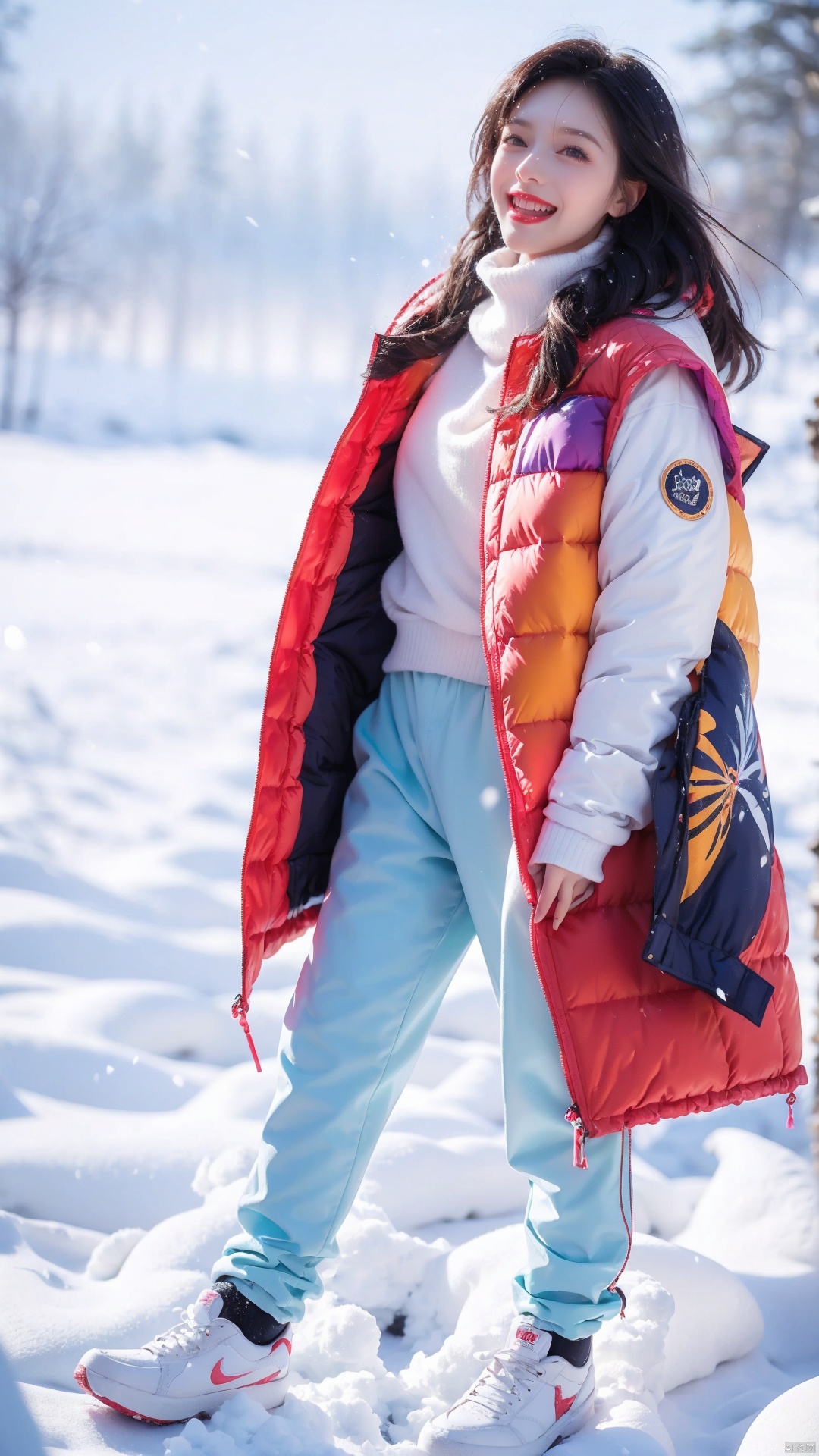 (Masterpiece), (Ultra High Resolution), a girl with long hair are joyfully dancing in heavy snow. (((colourful down jacket:1.2))), sneakers,colourful pants, Their faces are filled with happy smiles, and snowflakes are falling on their hair and collars. The surrounding is a vast expanse of white snow, only their footprints disturbing the purity. Snowflakes in the sky fall like cotton candy, adding a touch of sweetness to this winter scene. This is a vibrant and joyful winter afternoon. 
, Fashion Style,jellyfishforest