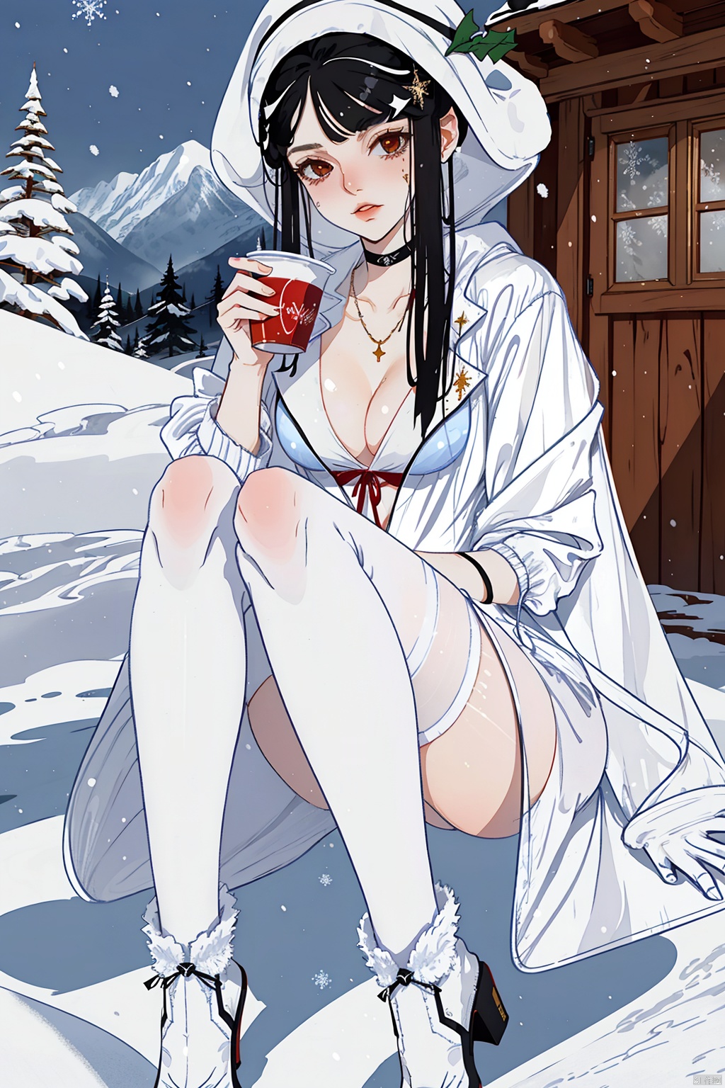  Full-body, (1girl in the Snow:1.4), black hair, White plush hat with Elk horn decoration, Holding a cup in hand, White sling, collarbone, cleavage, (white windbreaker:1.4), (black knee length stockings:1.4,)
Shinypantyhose, black high heeled boots, winter, snow, forest, sunshine, distant red cabin, Dingdal light, warm sunshine, HD 16k, snow, winter, light master,