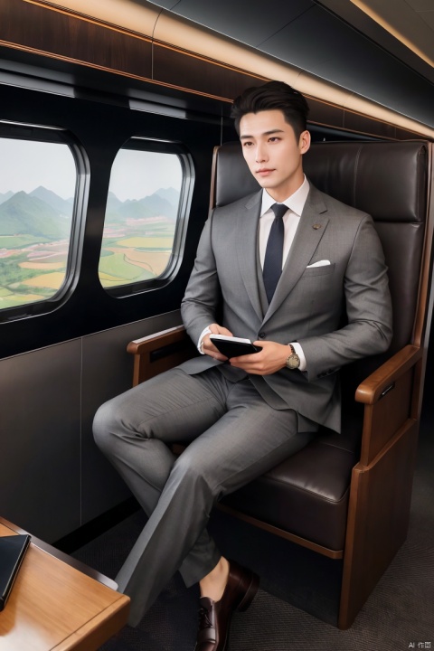  Best quality, masterpiece, ultra-high resolution, detailed background, game_cg, 
Aboard a high-speed train traveling through China's picturesque landscapes, a business traveler sits comfortably in a custom-tailored charcoal grey suit, his smooth chin lending an air of youthful elegance. His matching brown leather briefcase and oxford shoes convey professionalism and attention to detail.