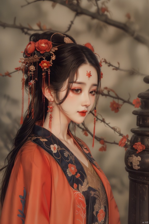  1girl, solo, long hair, black hair, hair ornament, jewelry, closed mouth, upper body, flower, earrings, blurry, from side, eyelashes, profile, makeup, red background, chinese clothes, red flower, tassel, branch, red lips, tassel earrings, guoflinke, midjourney portrait