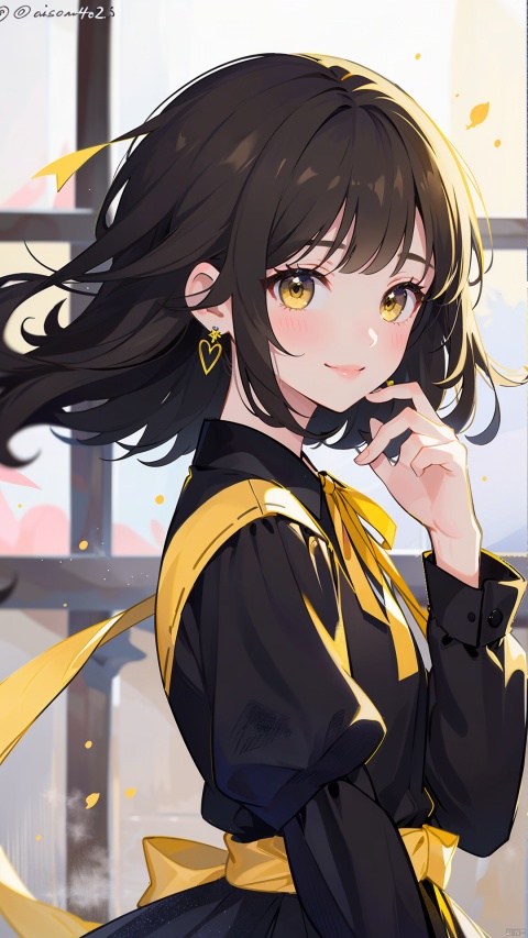  1girl, solo, long hair, looking at viewer, blush, smile, bangs, brown hair, shirt, long sleeves, dress, ribbon, jewelry, closed mouth, yellow eyes, upper body, earrings, frills, hand up, twitter username, black dress, window, neck ribbon, floating hair, yellow ribbon, Ink painting