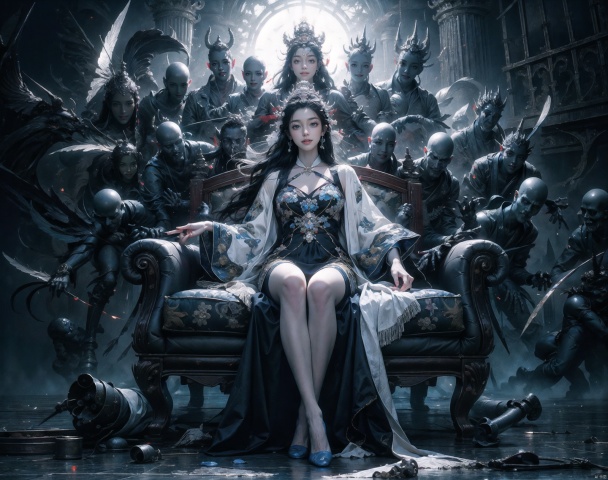  Queen, holding a long sword, a perfect long sword, a straight sword, Full body display, leaning against the ruins, with a floating skeleton in the background. The Queen's expression is enchanting, her posture is seductive, her hand is holding her face, and there is a flicker of evil energy runes in the background, blood mist filled, and soft light. My feet are covered in bones. Skeletons, many skeletons. Black stockings. Official art, unit 8 k wallpaper, ultra detailed, beautiful and aesthetic, masterpiece, best quality, extremely detailed, dynamic angle, paper skin, radius, iuminosity, cowboyshot, the most beautiful form of Chaos, elegant, a brutalist designed, visual colors, romanticism, by James Jean, roby dwi antono, cross tran, francis bacon, Michael mraz, Adrian ghenie, Petra cortright, Gerhard richter, Takato yamamoto, ashley wood, atmospheric, ecstasy of musical notes, streaming musical notes visible, flowers in full bloom, many bird of parade, deep forests, sunlight, atmosphere, rich details, full body lens, shot from above, shot from below, detail background, beautiful sky, floating hair, perfect face, exquisite facial features, high detail, smile, Fisheye lens, dynamic angle, dynamic posture,