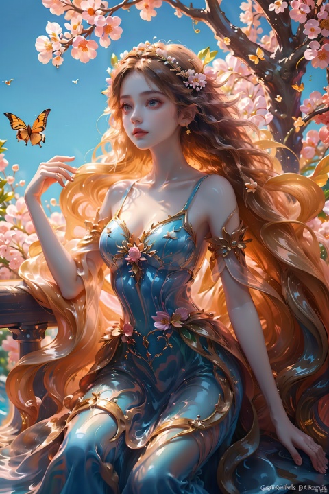  Theme: Whimsical Avian Muse

A whimsical muse with bangs and long hair stands by a railing, surrounded by various birds, each perched on her hand and in the trees.
Adorned in a dress adorned with yellow and white butterflies, she inspires with her presence, creating a high color contrast against the vivid blue sky.
The scene is enriched by the presence of pink and purple flowers, and the muse's radiant energy complements the greendesign elements of the environment.