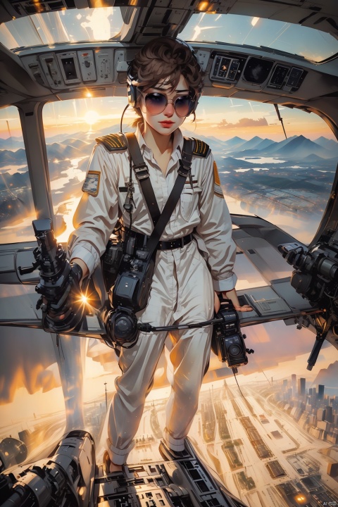 Full-body, (1 male pilot: 50s), salt-and-pepper hair, pilot uniform, sunglasses, holding a flight attendant's hand, aircraft cockpit in the background, runway lights, flying at sunset, aerial view of city lights, precision maneuvers, aviation expertise.