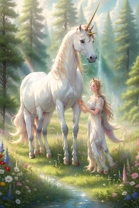 A gentle healer and a graceful unicorn, its horn as pure as finest crystal, walk side by side through a meadow of wildflowers, the healer’s hands outstretched, her touch bringing solace and healing to all who seek her aid, the unicorn’s eyes filled with wisdom and compassion, their presence a beacon of hope and serenity.