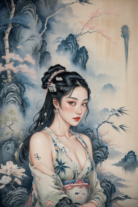  best quality,ultra-detailed,masterpiece,
A seductive woman from the Northern and Southern Dynasties, with her black hair styled in intricate braids, poses in a lush bamboo grove. She is wearing a sleeveless ink painting dress with a subtle floral print, and her arms are gracefully at her sides. Her lips are painted a soft pink, and her eyes are a piercing green. The background is a blurred scene of the bamboo grove, capturing the era’s natural and serene beauty.
