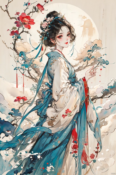  best quality, masterpiece,

A girl in an exquisite Hanfu, the best quality, with a flower in her hair, looking at the viewer with a smile, standing in a cloud-filled xianjing., Ink painting, guoflinke
