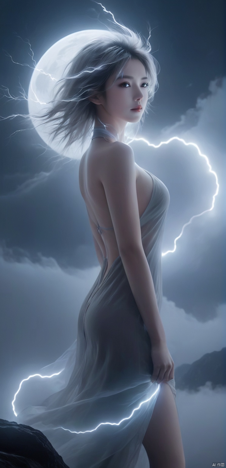  glowing, two-tone hair, glowing eyes, fog, mist, white, black, split theme, two-tone, moon, 1 girl, solo, glow,(naked), The mountain is covered in lightning and dark clouds as lightning lights up the sky.
