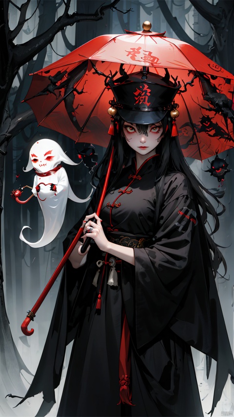  1 girl with long white hair, official special effects, holding a soul flag, waving the flag, followed by various ghosts and monsters (lantern ghost, umbrella ghost, ghost, evil ghost, big dog, etc.), the scene is eerie, with a hundred ghosts walking at night, the picture is grand, CG, wallpaper, 8K, jiangshi costume, faxa, greendesign