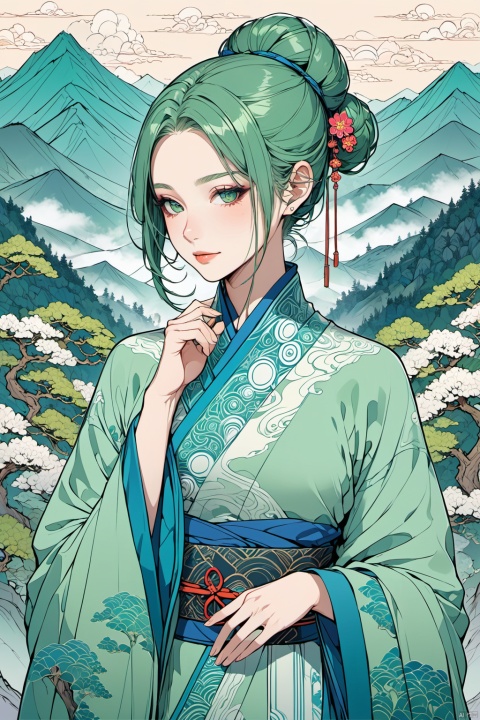  masterpiece,best quality,1girl,fractal art,lineart style,

Misty Mountain Maiden, A solitary beauty in a traditional Chinese robe, the fabric patterned with mountains and mist, evoking the tranquility of a remote peak. The robe is in shades of green and blue, with a sash that adds a touch of vibrant color. Her hair is styled in a traditional bun, with a few loose strands framing her peaceful expression.