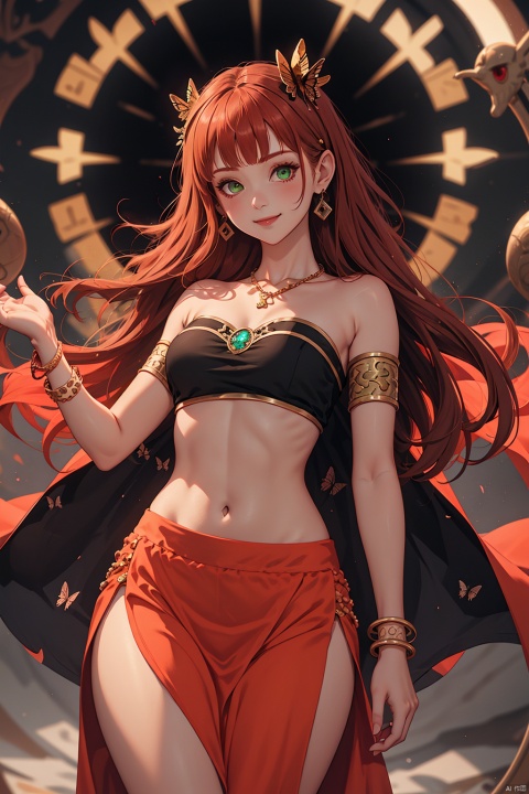  1girl, jewelry, green eyes, solo, hair ornament, chinese text, navel, looking at viewer, midriff, smile, necklace, long hair, bangs, red hair, bare shoulders, armlet, earrings, bracelet, orange hair, arabian clothes, brown hair, bug, closed mouth, bandeau, tube top, strapless, breasts, butterfly, standing, alternate costume, skirt