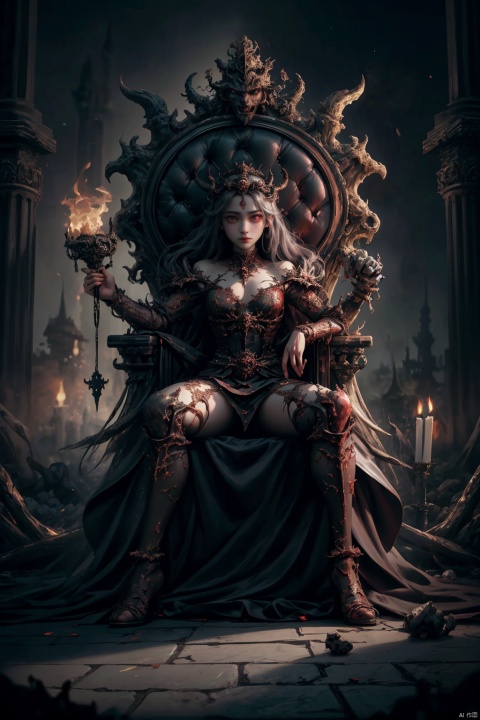  Imagine a scene where the demons, having conquered heaven, now sit upon thrones of bone and flesh, ruling over their new domain with an iron fist. The colors are dark and oppressive, with the once bright and vibrant landscape of heaven now twisted and corrupted by demonic influence., ((poakl))