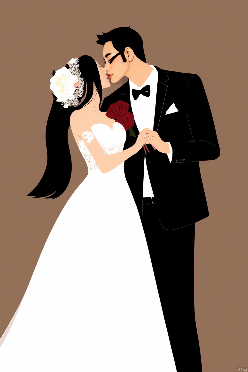  Valentine's Day,Flat painted style,1girl,1boy,rose,wedding_dress,simple background,,love,romantism,masterpiece,