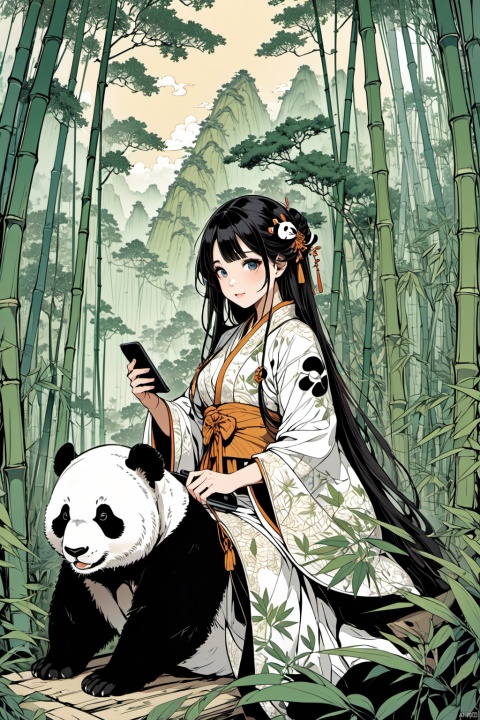  masterpiece,best quality,1girl,fractal art,lineart style,

Panda Guardian, An ultra-detailed, best quality illustration of a girl in a bamboo-patterned hanfu, sitting atop a giant panda. She holds a smartphone, documenting wildlife, with a backdrop of the lush bamboo forests of Sichuan, blending traditional and modern conservation efforts.