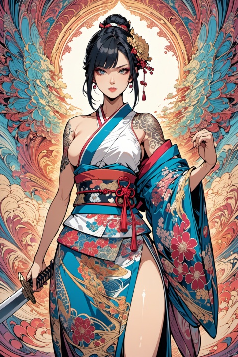  masterpiece,best quality,1girl,fractal art,lineart style,

Kimono Warrior, A masterpiece of the 2023 Era, a solo girl in a kimono with a sword at her side. Her tattoos tell a story of strength and resilience, visible as she holds her weapon with confidence. The illustration is a blend of ultra-detailed features and a thick painting style, with a depth of field that brings the viewer into the scene.