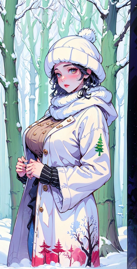 A winter wonderland theme, featuring a model in elegant winter attire, posed in a snowy forest with snow-covered trees and a soft, snowy landscape. She wears a cozy sweater, a stylish coat, and a fluffy scarf, exuding warmth and comfort., Ink painting, greendesign