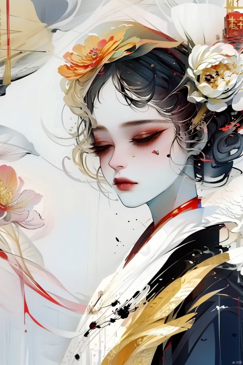  A girl, wearing sunglasses, black hair, closed mouth, closed eyes, flowers, eyelashes, makeup, Hanfu, Hanfu, Ink painting, mLD, sufei