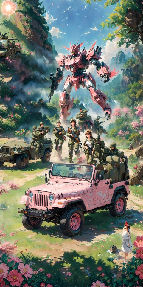  masterpiece, best quality, masterpiece,best quality,official art,extremely detailed CG unity 8k wallpaper,sun day,full body,jeep, female soldiers,delicate skin,
Military temperament, wearing camouflage uniforms, holding firearms, ((poakl)), hand101, Pink Mecha, Dragon ear