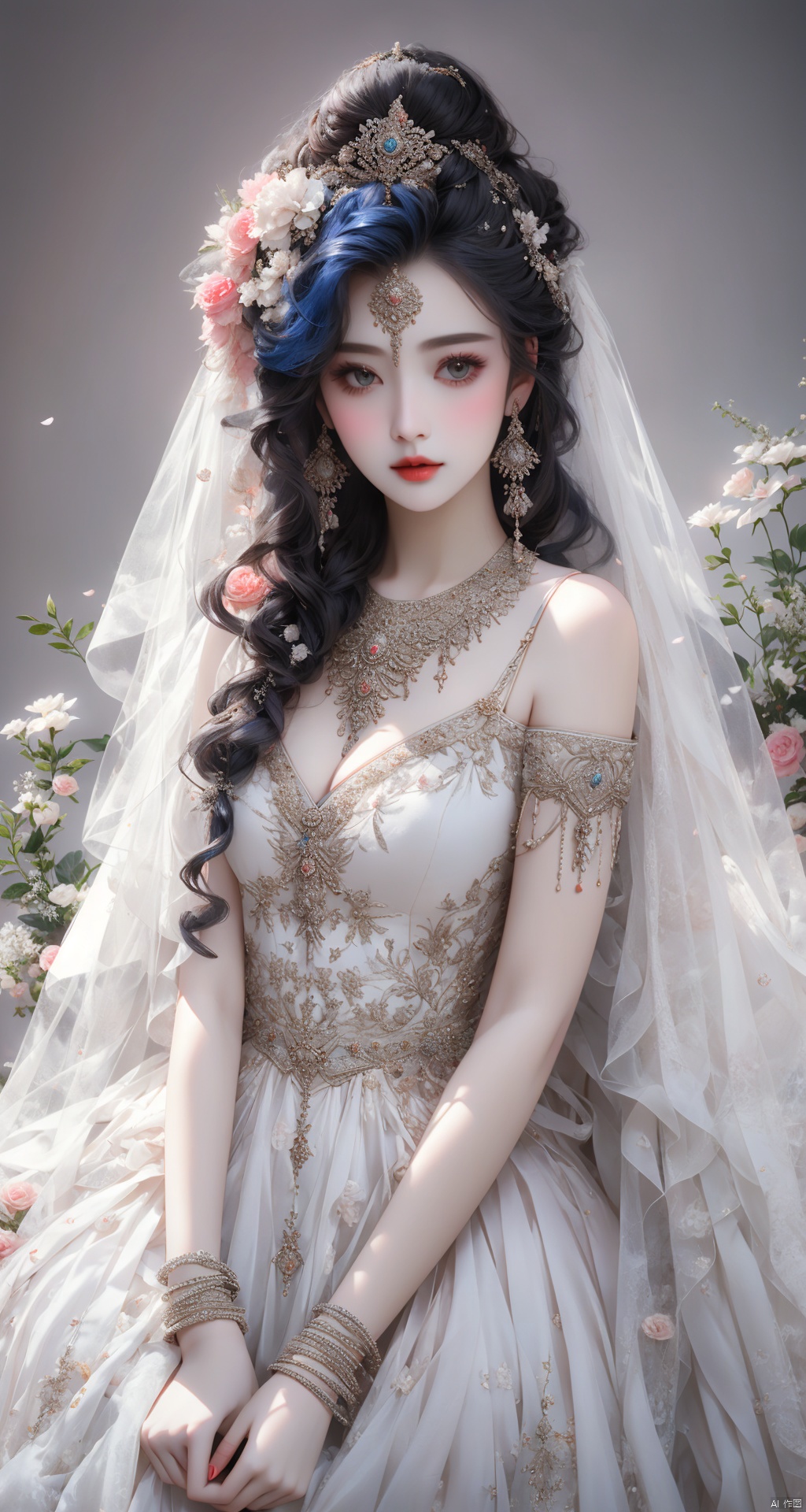 A high-quality masterpiece featuring a mysterious beauty with striking blue hair cascading down her shoulders, adorned with delicate caryo petals and crowned by ethereal goat horns. She stands regally in a breathtaking wedding dress embellished with intricate lace and sparkling jewels, under the soft glow of cinematic lighting enhancing the intricate details of the scene.