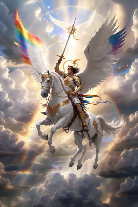  A majestic Pegasus, his powerful wings casting rainbows across the sky, soars through the clouds alongside a warrior adorned with celestial armor and wielding a star-forged sword, both ready to confront an evil sorcerer seeking to unravel the fabric of heavens.