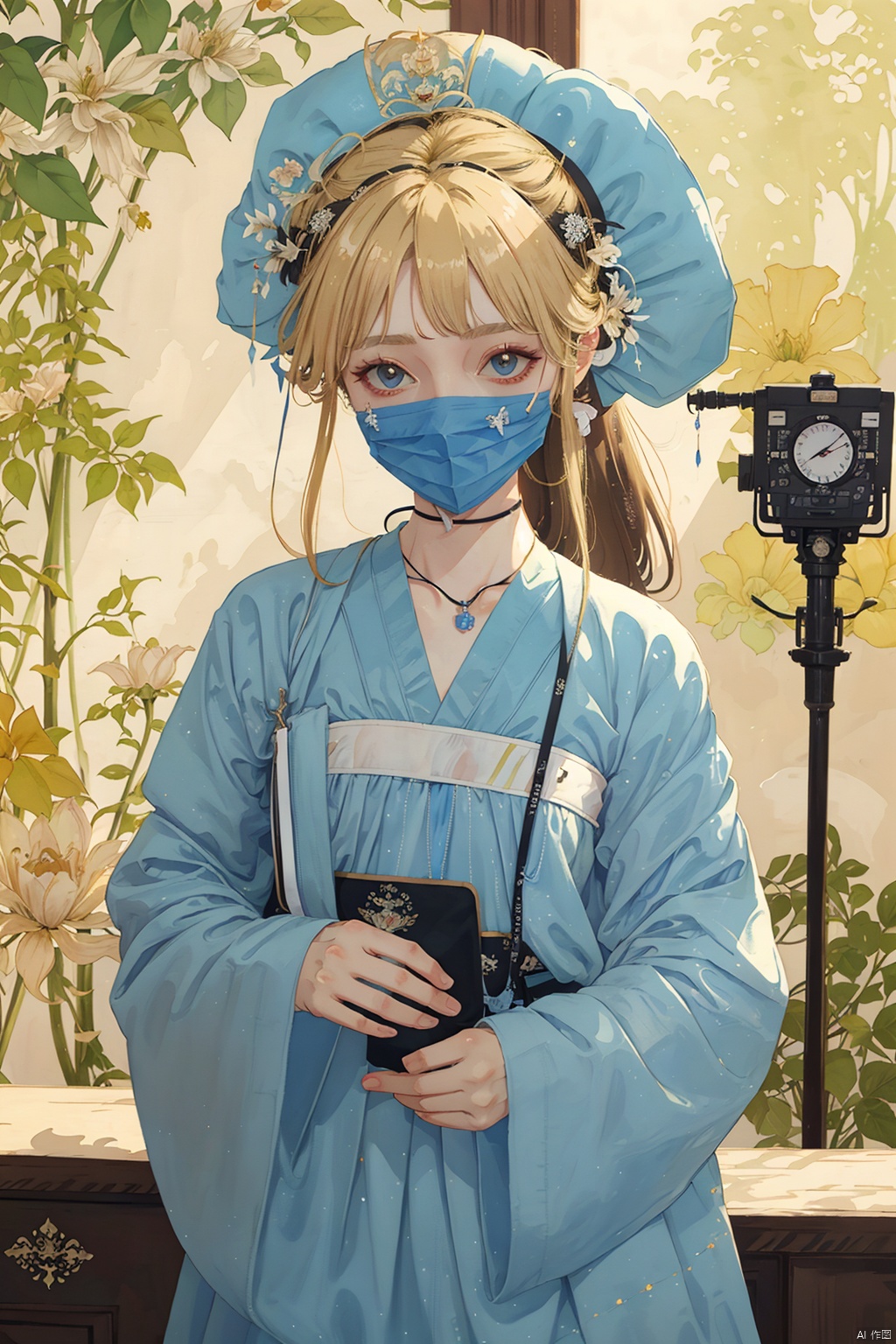 Full-body, (1 female surgeon: 30s), blonde ponytail, blue scrubs, surgical mask, holding a scalpel, stethoscope around neck, standing in a brightly lit operating room, intricate surgical instruments, patient's vital signs monitor, teamwork, precision, life-saving, medical expertise.
