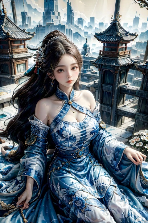  A stunning giantess, reclining on a city rooftop, her massive figure stretching far beyond the tallest buildings. Her serene expression and gentle demeanor make her seem like a peaceful giantess watching over the city below, her beauty and grace captivating all who see her.,qinghuaci,suxiu