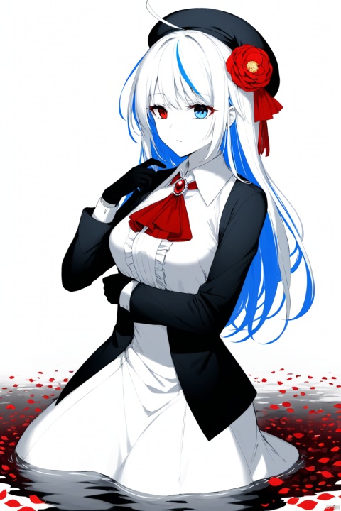  (masterpiece), (best quality), illustration, ultra detailed, hdr, Depth of field, (colorful), 1girl, red eyes, white long translucent night gown, expressionless, (white hair), hair cover one eye, long hair, red hair flower, kneeling on lake, blood, (plenty of red petals:1.35), (white background:1.5), (English text), greyscale, monochrome, greyscale, monochrome, sketch,frame binder, stationary restraints, arms behind back, blue eyes, blue hair, white hair, streaked hair, gloves, hat, white gloves, blue headwear, ahoge, black gloves, long sleeves, ascot, jewelry, brooch, black headwear, frills, underboob, shirt