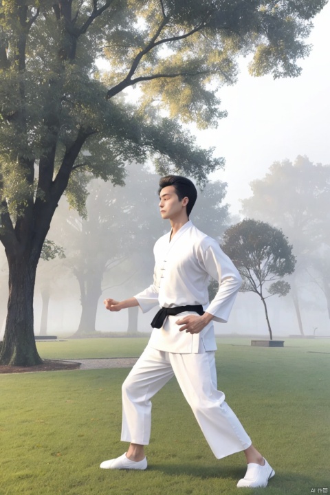 Best quality, masterpiece, ultra-high resolution, detailed background, game_cg, 
On a misty morning practicing Tai Chi in a tranquil park, a dedicated practitioner moves with grace and precision, dressed in a traditional white cotton gi (practice uniform). His black cotton slip-on shoes provide stability on the dewy grass, and his serene expression reflects his inner peace and focus.