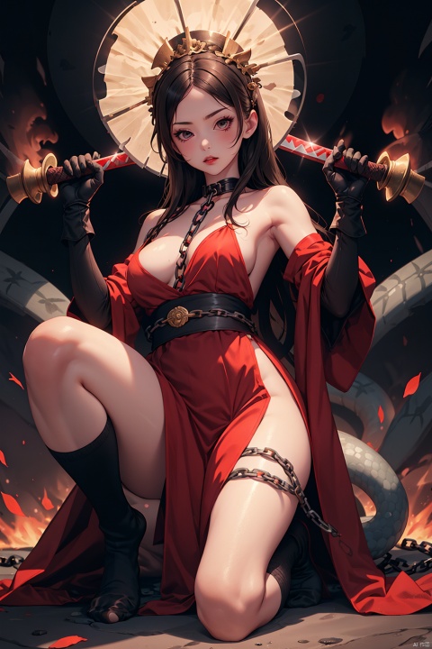  1girl, weapon, sword, snake, solo, gloves, holding, one knee, brown hair, red dress, hand fan, hair ornament, holding weapon, chain, dress, full body, holding sword, bare shoulders, breasts, sash, black hair, sarashi, long hair, black gloves, socks