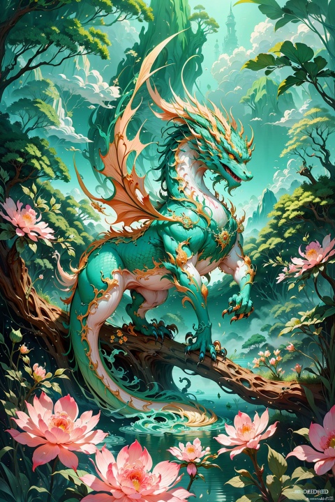  Clouds, green dragons, forests, lakes, flowers, beauty, best quality, masterpieces, ultra HD, super details, epic light and shadow, aesthetic, visual feast, greendesign, Ink painting, glaze