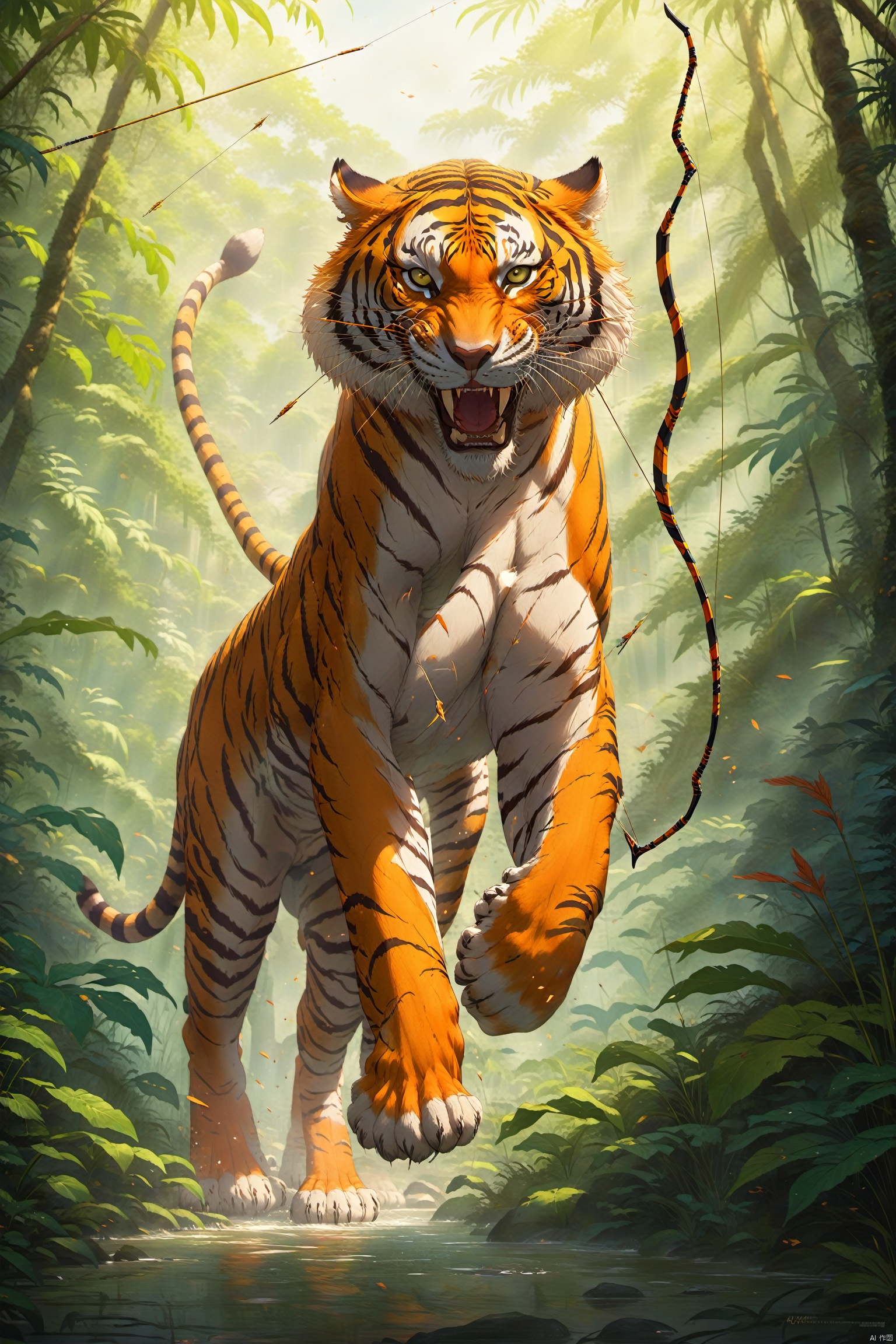 A brave huntress and a majestic tigress, its stripes as bold as the rays of the sun, prowl through the jungle, the huntress’s bowstring drawn, an arrow nocked and ready to fly, the tigress’s fur bristling with excitement, its claws unsheathed, their combined skill and strength enough to overcome any foe.