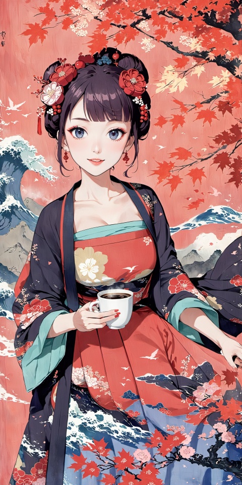 {{{Ukiyo-e_style}}},{{flat_style}},{simple_colors},{{{masterpiece}}}, {katsushika_hokusai},red_sky,{chinoiserie},{{{best_quality}}},kimono,{{ultra-detailed}},Hanfu,{illustration},Maple_leaves_flying,{{1girl}},{{{solo}}},{{an_extremely_delicate_and_beautiful}},blank_stare,close_to_viewer,{breeze},{Flying_splashes},{Flying_petals},wind,{Gorgeous and rich graphics}
symmetrical composition,low necked shirt,holding a coffee cup in one hand,
Beautiful face,looks like Audrey Hepburn,cute,seductive smile,looking at the audience,big eyes,charming eyes,perfect figure,black hair, Illustration