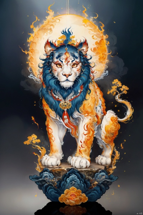  best quality,ultra-detailed,masterpiece,
The huangyu is regal, its body resembling that of a majestic, amber lion, but with a mane that blazes with golden fire. Its eyes are fierce and its mane is thick and golden, interspersed with strands of gleaming gold. Its expression is one of noble determination, with a regal bearing that commands respect. As it moves, it leaves a trail of glowing amber fur, with golden sparks, bringing strength and courage to all who follow it.