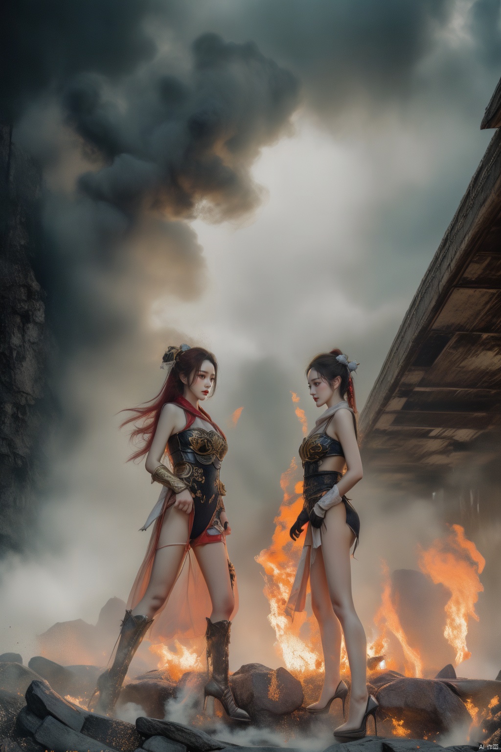  beauty,Toned figure,high_heels,high quality,best quality,(8k), , , , ,(2 girls fight), dachangtui,Colored eyes,white_body,girly_hair,red_hair,blue and white,golden and black,Tight gelcoat,Two-man struggle,Combat attitude,Bright environment,Sparks flew everywhere,Weapon collision, Super perspective, masterpiece,highly detailed CG illustration,wide shot