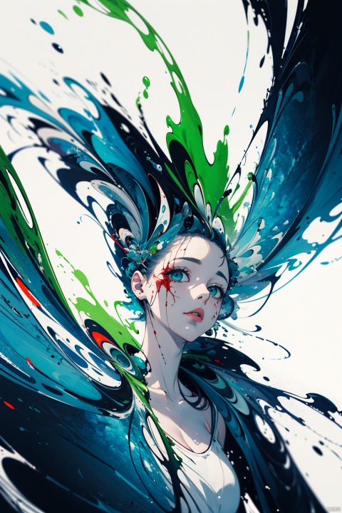  masterpiece, best quality, ultra high res, (extreme detailed), (1 beautiful girl), (abstract art:1.4),bleeding green, visually stunning, beautiful, evocative, emotional, ((white background)), green theme,
