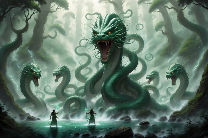A monstrous hydra, with multiple heads each adorned with a crown of serpentine hair, stands in a lush, verdant forest, its many eyes watching the surrounding area for any sign of danger. A group of druids, each with a staff that glows with an ethereal light, stand nearby, their eyes closed in concentration, their hands raised as they channel the power of nature. The hydra’s heads begin to glow, each one releasing a different elemental attack: one head releases a burst of lightning, another a torrent of water, and the third a gust of wind, as they face off against a group of demonic creatures with claws that can tear through stone.