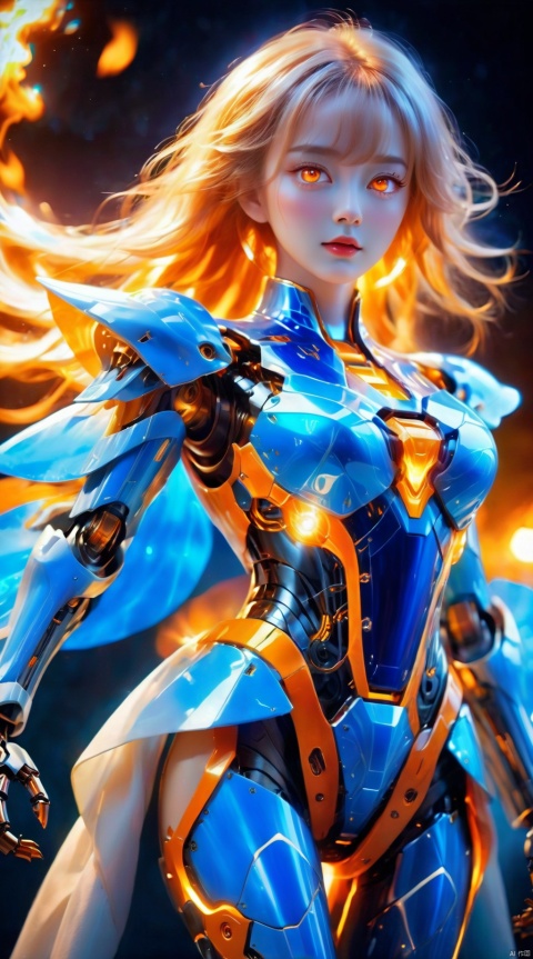  Under the dark night sky, her body, made of an unknown material, looked hard and elastic, and her two orange eyes glistened in the night as if they could see everything.
She burns with an orange flame, a flame that gives the robot life and power, making it more visible and powerful in the dark.
1 girl,mecha,full body,magnificent,
render,technology, (best quality) (masterpiece), (highly detailed), game,4K,Official art, unit 8 k wallpaper, ultra detailed, beautiful and aesthetic, masterpiece, best quality, extremely detailed, dynamic angle, atmospheric,high detail,exquisite facial features,science fiction,CG,bailing_light element