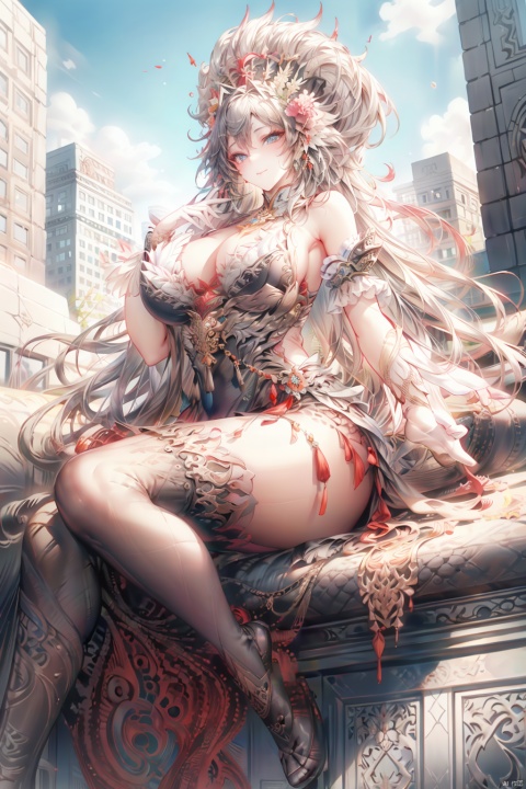  A beautiful giantess, reclining on a city rooftop, her massive form stretched out against the skyline. Her serene expression belies her enormous size, which makes her seem like a goddess overlooking her domain, with the cityscape sprawling far below her.