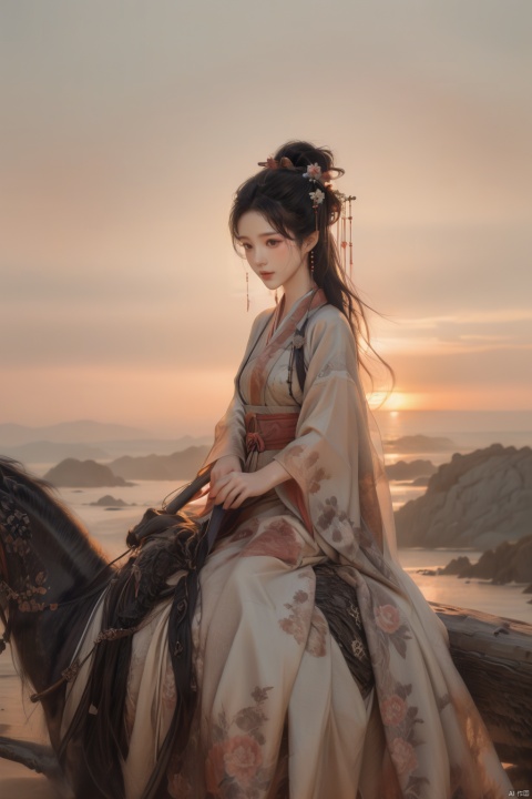 HDR,UHD,8K,Highly detailed,best quality,masterpiece,hair ornament, hanfu, flower, chinese clothes, Sandy Solitude: A solitary silhouette of a girl in a white linen dress, riding bareback along a deserted beach at twilight, her long, wavy hair blending with the pink and orange hues of the setting sun. Low-angle shot, emphasizing the vastness of the scenery and the tranquility of the moment, rendered in high definition.
