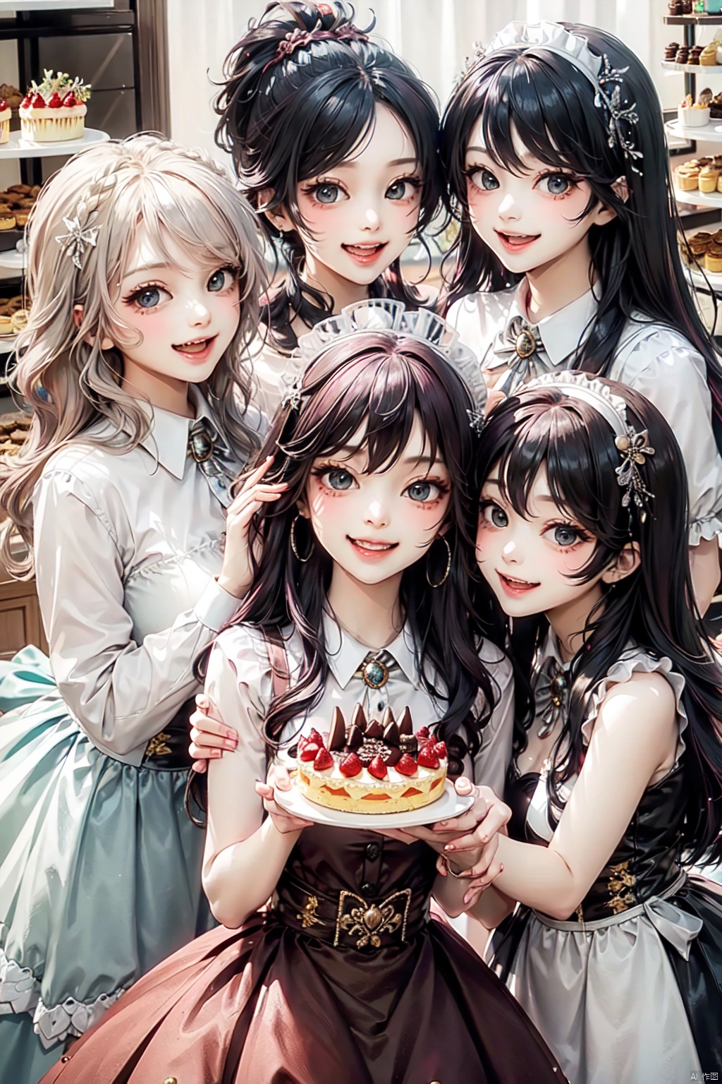  4+ girls, multiple colored hairs, sweet maids, random cute faces, super happy smiling, laughing,group shot, zoom camera, sweet tea party,lots of cakes, macarons, chocolates, parfaits, cookies, land of sweets