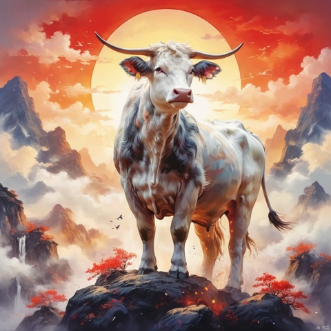  ((best quality)), ((masterpiece)), A majestic cow stood on the top of a high mountain, roaring up to the sky like a rainbow, with a red sun rising behind it, (Chinese ink style:1.1), (dynamic composition:1.2), (unfettered spirit:0.9)