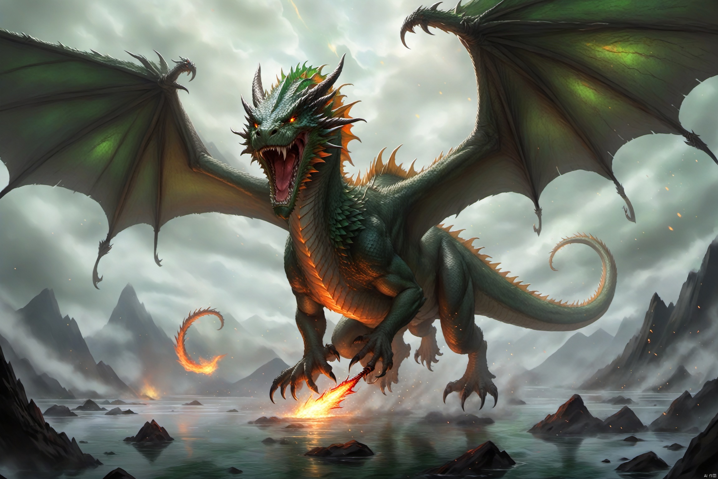 A ferocious wyvern, with scales that shimmer like the surface of a frozen lake, its eyes glowing like the fiery embers of a volcano, soars through the sky with a group of elves clinging to its back. The wyvern’s eyes narrow as it spots a group of orcs approaching, their skin a mottled green, their axes dripping with the blood of their victims. The wyvern’s wings begin to beat a path through the clouds, its breath a stream of searing fire, as the elves nock their arrows and take aim, their bows glowing with an otherworldly light.