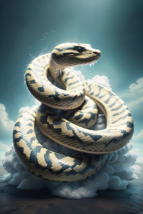 Tempestuous Giant Python,A monstrous serpent with a body that twists and coils like a tornado. It has the scales of a python, shimmering with an iridescent sheen that shifts like the colors of the sky during a storm. Its hiss is like the howling of a hurricane, warning of the destructive power it wields.