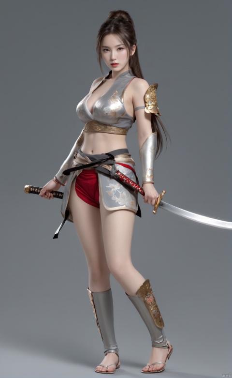  masterpiece,best quality,official art,extremely detailed CG unity 8k wallpaper, 1girl, solo, long hair, looking at viewer,lips, Without lining, realistic,whole body, grey background,Samurai sword,Gold,Gorgeous patterns,Exposed navel,Walking,Thin armor,sleeveless armor,With gaps,ancient armor,