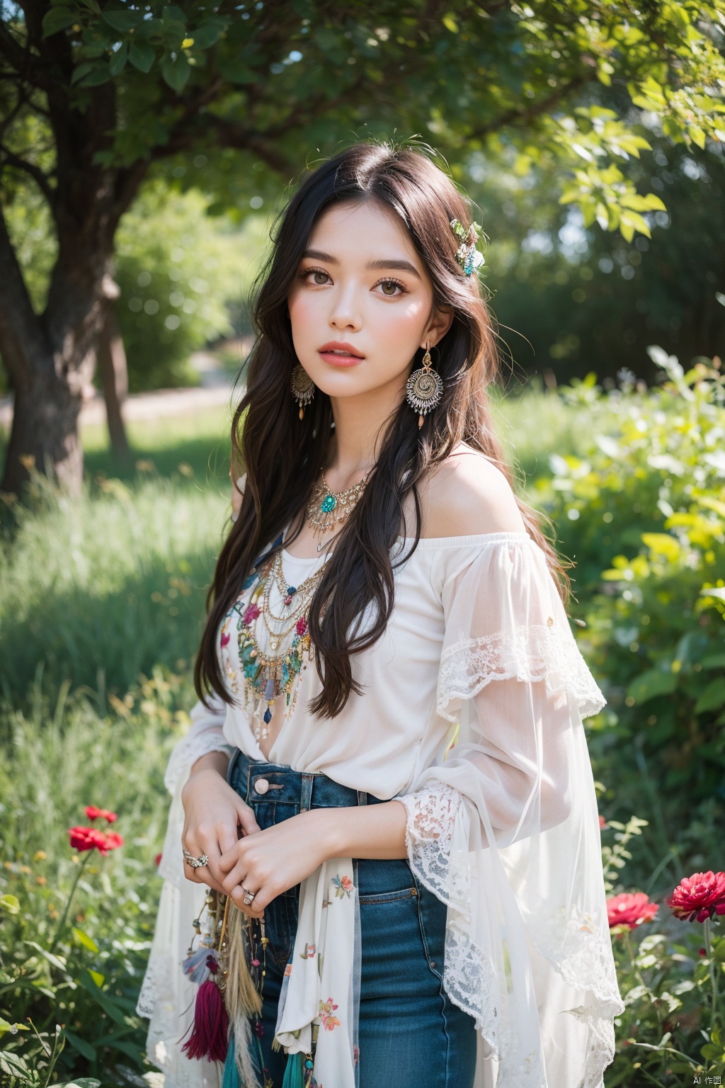 A bohemian style shoot, with a model in eclectic, boho-chic attire, surrounded by a lush garden filled with wildflowers and dreamcatchers. She wears flowy fabrics, fringe accents, and layered jewelry, embodying a free-spirited and artistic vibe.
