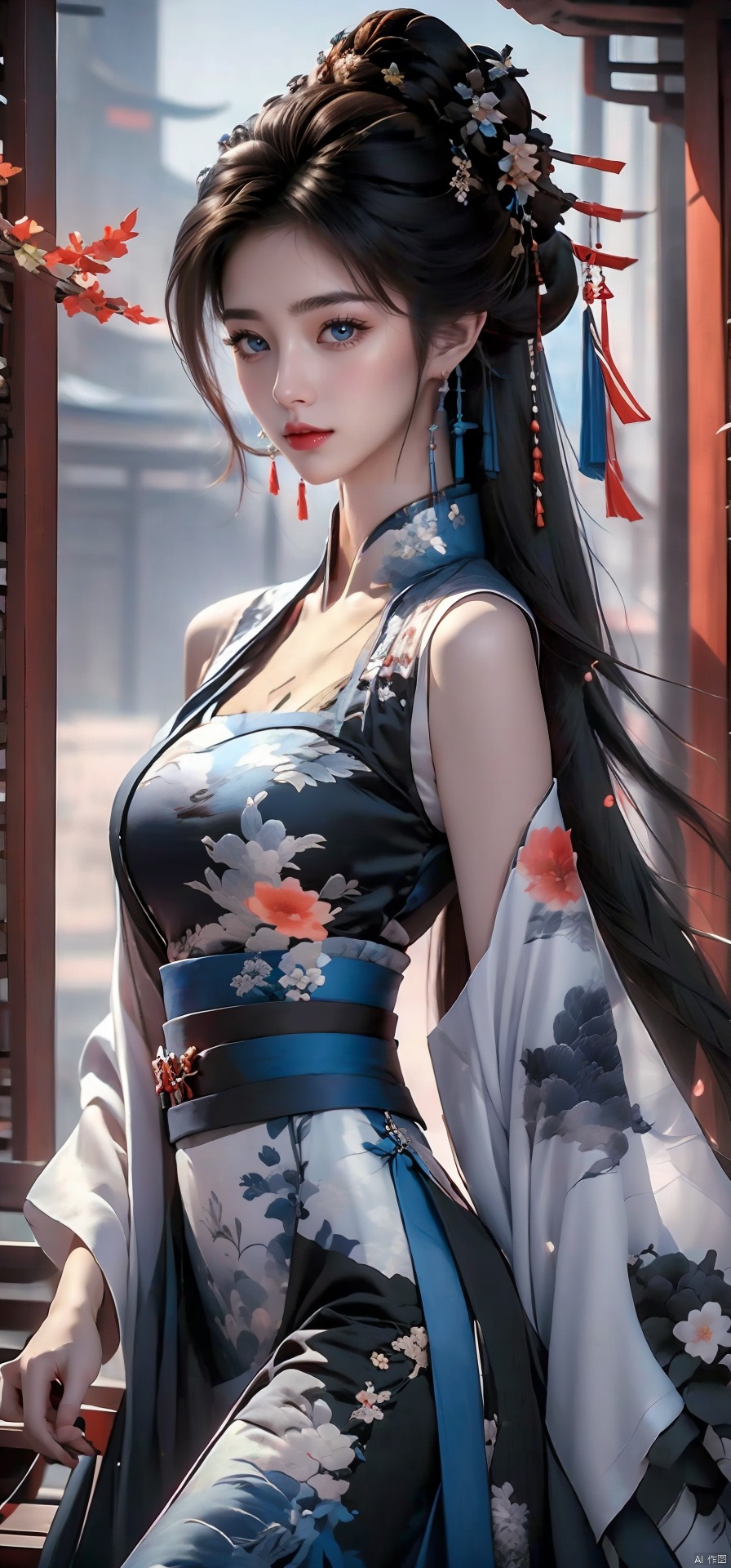 A alluring woman from the Later Liao Dynasty, with her black hair styled in a classic updo, stands in a bustling city street. She is wearing a sleeveless ink painting dress with a vibrant floral print, and her arms are gracefully at her sides. Her lips are painted a vibrant red, and her eyes are a piercing blue. The background is a blurred scene of the lively city, capturing the era’s energetic and diverse atmosphere.