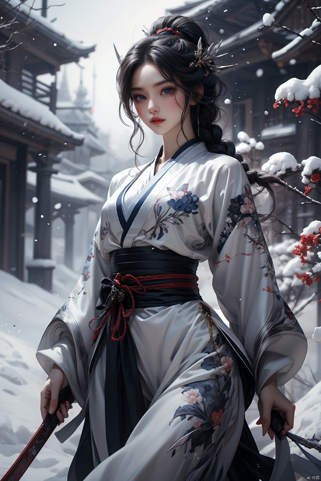 A formidable warrior, her inky hair braided in a intricate design, denim blue eyes shining with resolve, stands with authority in a snowy meadow, her powerful hand gripping the hilt of a gleaming sword, her lips set in a determined expression, dressed in a regal Hanfu adorned with elaborate motifs, as she performs a powerful sword-dance amidst the drifting snow, her movements as commanding as the bold strokes of a master calligrapher, her scabbard fastened to her thigh, a testament to her unyielding strength.