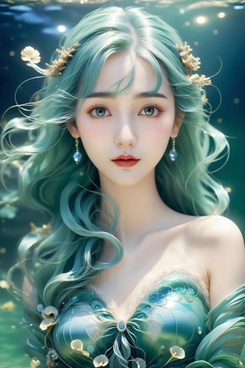  A mesmerizing and enchanting mermaid songstress, with long flowing locks of sea-green hair and eyes that shimmer like sunlight on the water, as she sings haunting melodies that echo across the ocean depths. Adorned in iridescent scales and seaweed garlands, she enchants sailors with her ethereal voice, embodying the beauty and mystery of the sea and its siren call (Mermaid songstress: 1.1), (sea enchantress: 1.2), (ocean melody: 0.9).