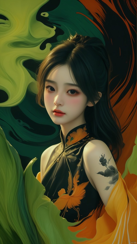  guangzy, 1girl, solo, best quality, ultra-detailed, masterpiece, finely detail, highres, 8k wallpaper, Ink painting, greendesign