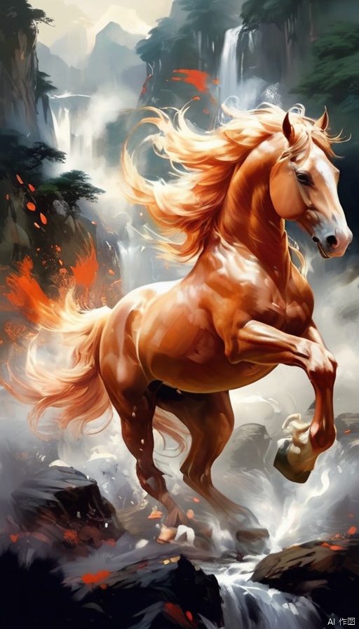  ((best quality)), ((masterpiece)), a powerful red stallion dashing across a misty mountainside, long fiery mane trailing behind it, hind legs kicking up clouds of dirt, front hooves raised high while leaping over streams, sunlight piercing through bamboo groves, embers scattering from its footfalls, (Chinese ink style:1.1), (dynamic composition:1.2), (unfettered spirit:0.9)